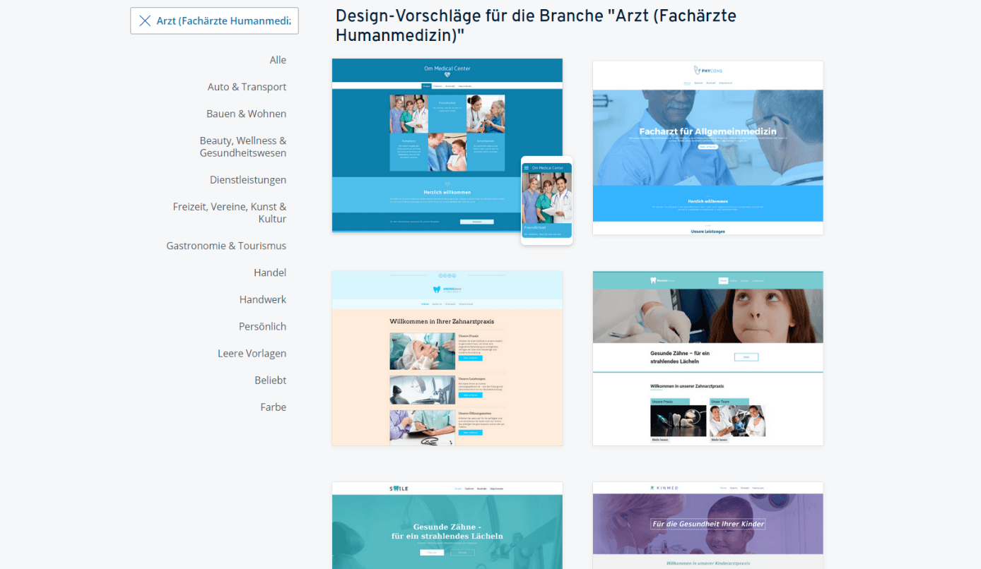 IONOS Design-Vorlagen: Auszug der Vorschläge für die Ärzte-Branche