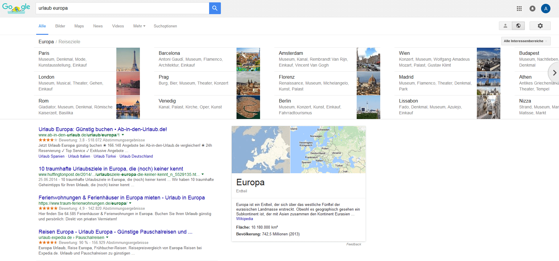 Googles Carousel für eine Suche nach „urlaub Europa“