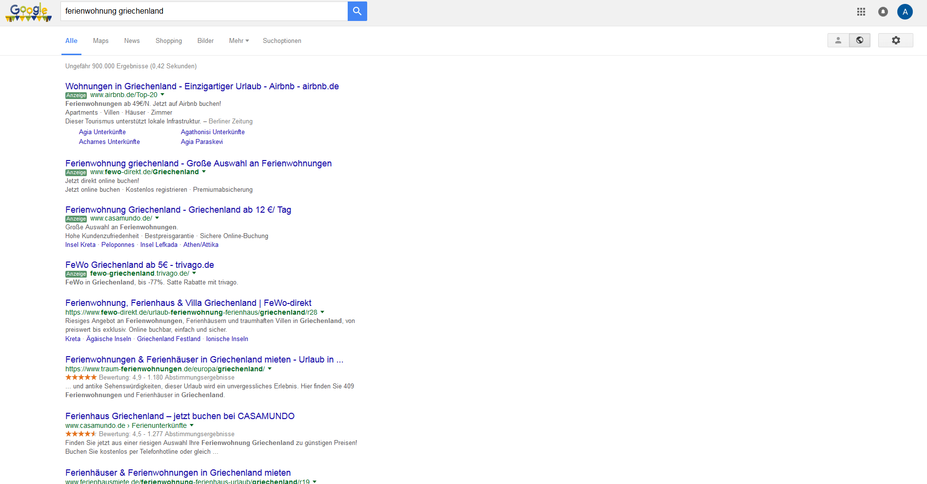 Google-AdWords-Anzeigen auf einer Suchergebnisseite