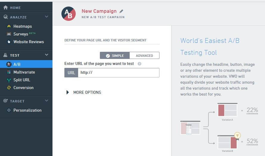 Menü zur Kampagnen-Erstellung mit Virtual Website Optimizer