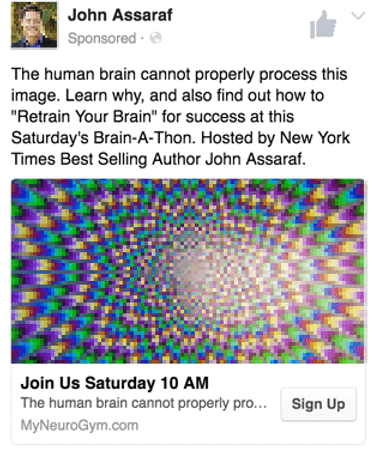 Facebook-Anzeige von NeuroGym mit kurzem Anzeigentext, Bild und Call-to-Action, dargestellt auf einem Smartphone