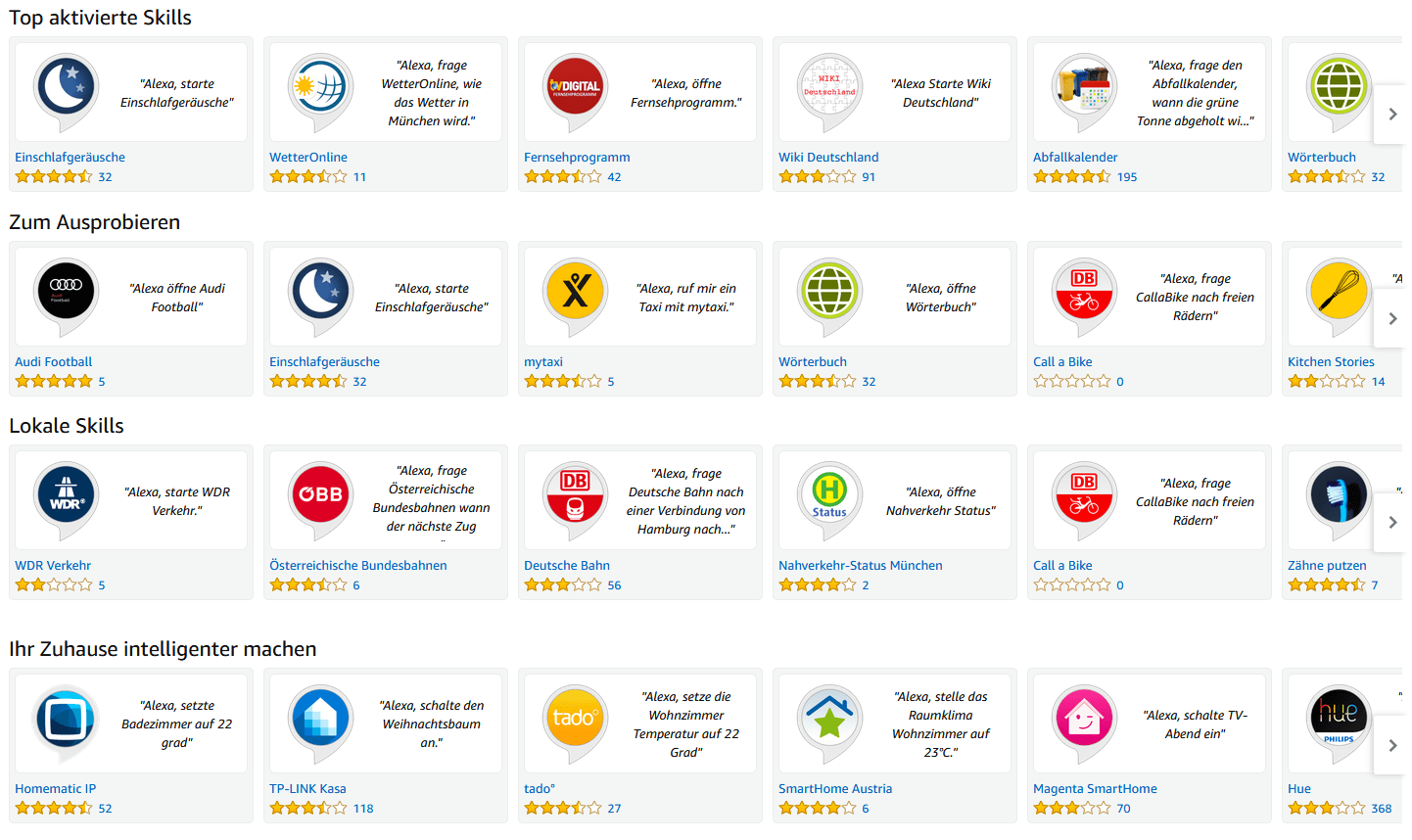 Screenshot der Startseite von der Rubrik „Alexa Skills“ auf amazon.de