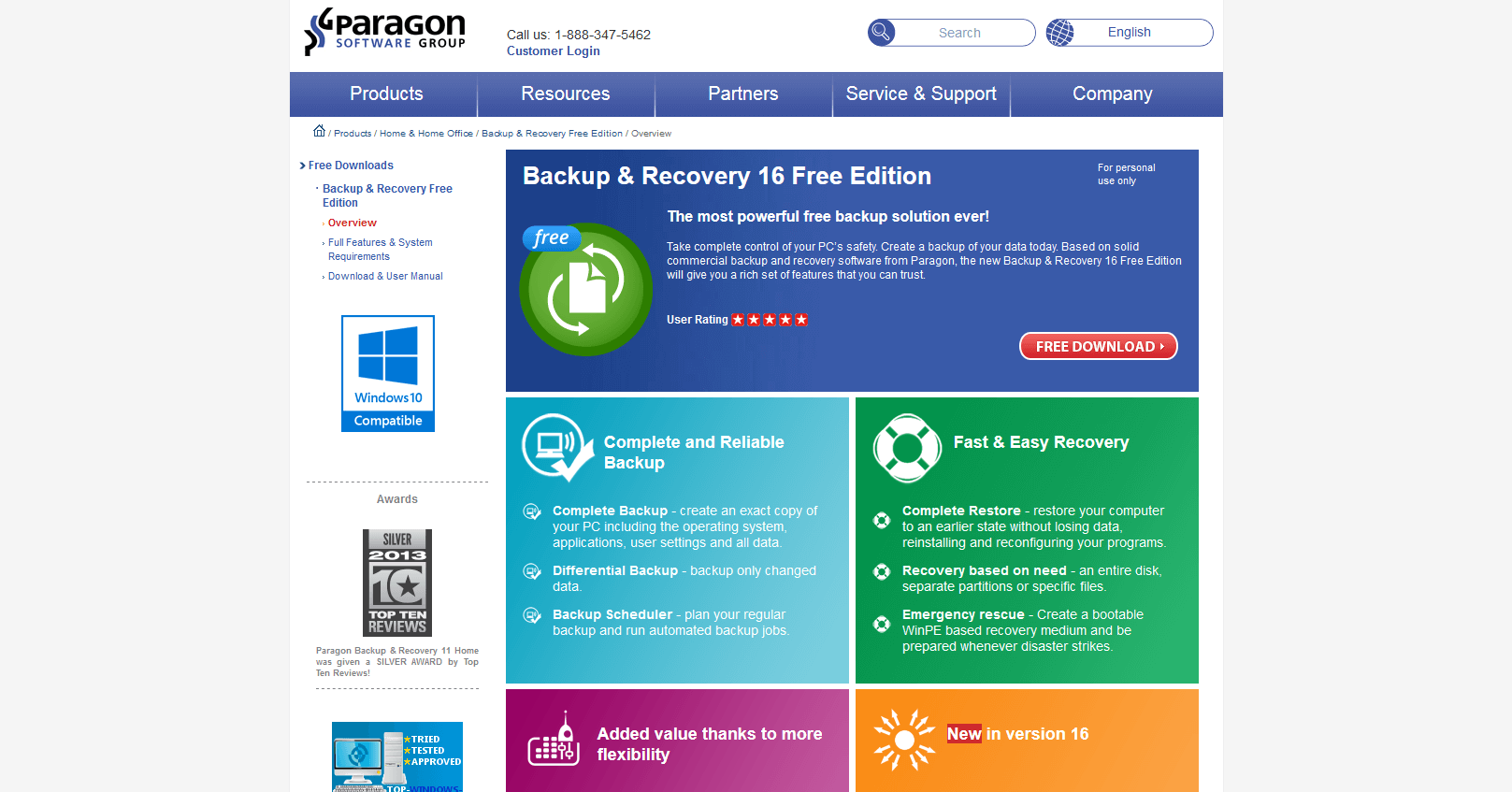Produkt-Website: Paragon Backup & Recovery 16 Free