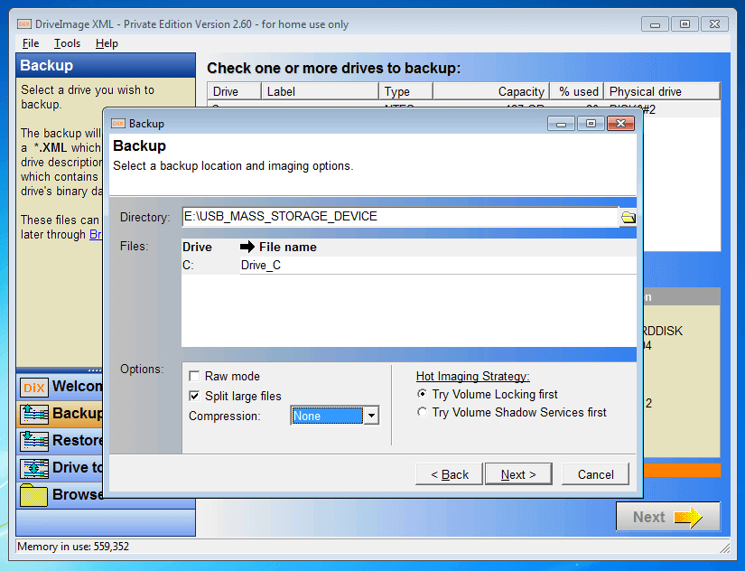 DriveImage XML 2.60: Menü zur Auswahl der Imaging-Optionen