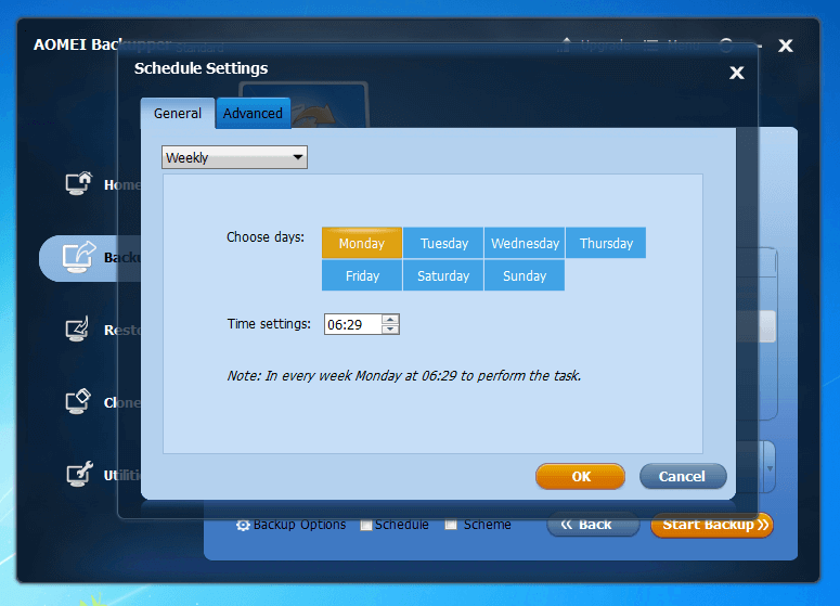 Aomei Backupper Standard 4.0.4: Menü zur Erstellung eines Backup-Zeitplans