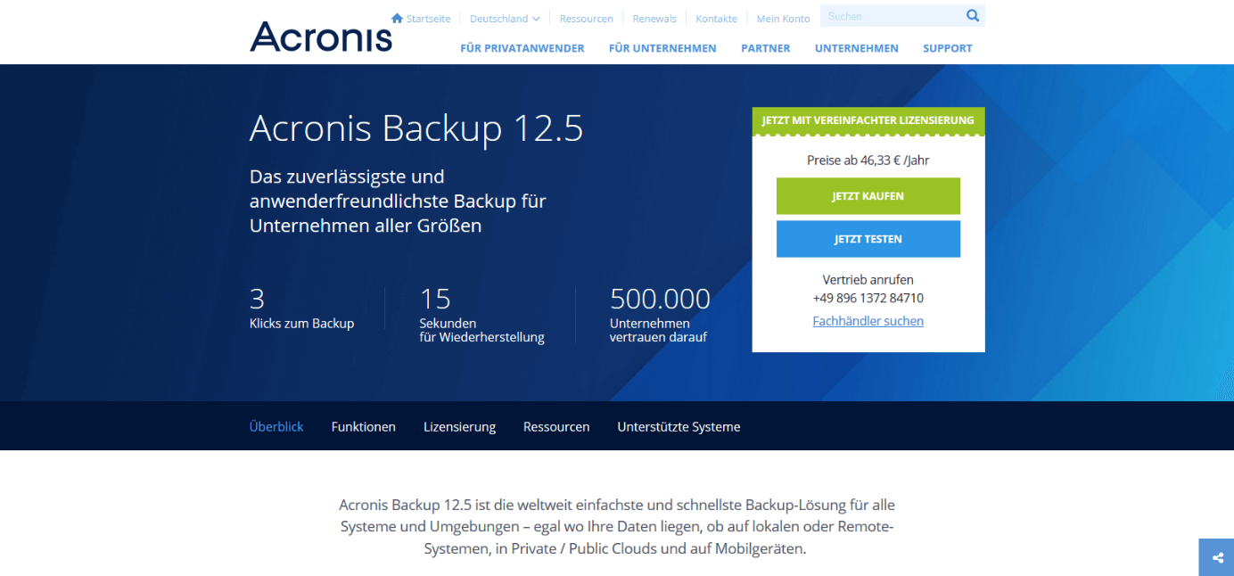 Produkt-Website: Acronis Backup 12.5