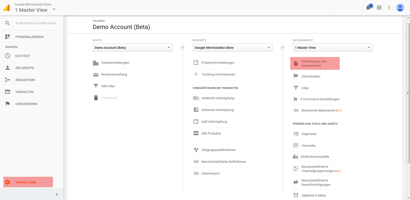 Google-Analytics-Demokonto: Verwaltung