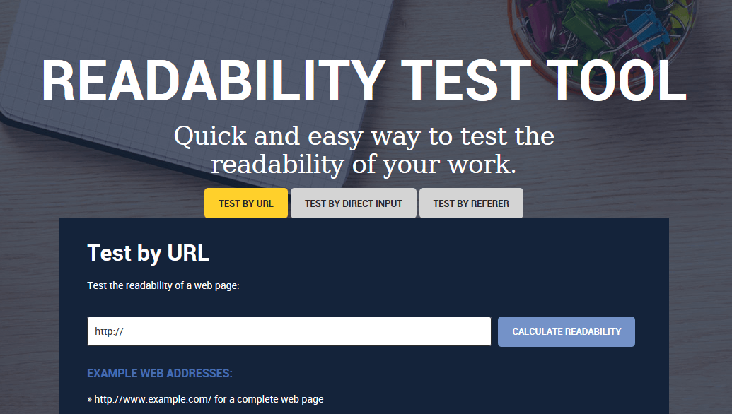 Screenshot von der Seite des Readability Test Tools