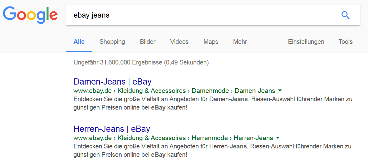 Screenshot einer Google-Suche nach den Stichworten „ebay jeans“