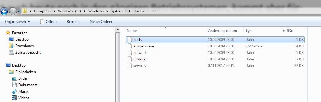 Verzeichnis der hosts-Datei unter Windows 7