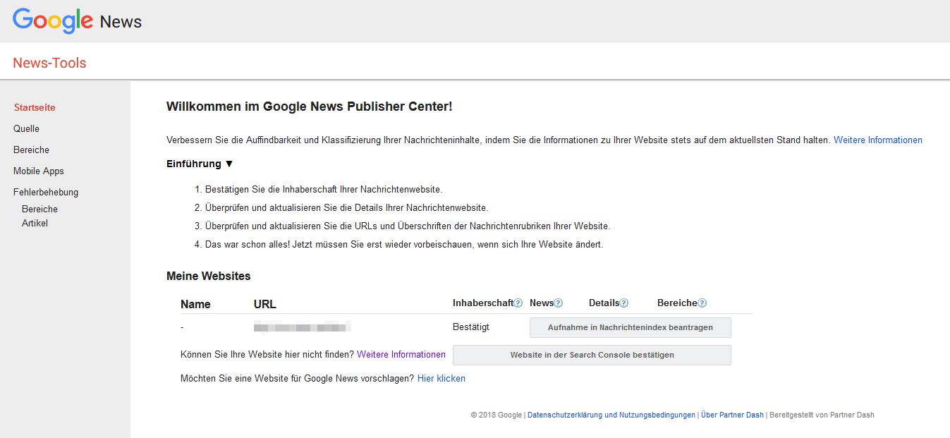 Startseite des Google News Publisher Centers