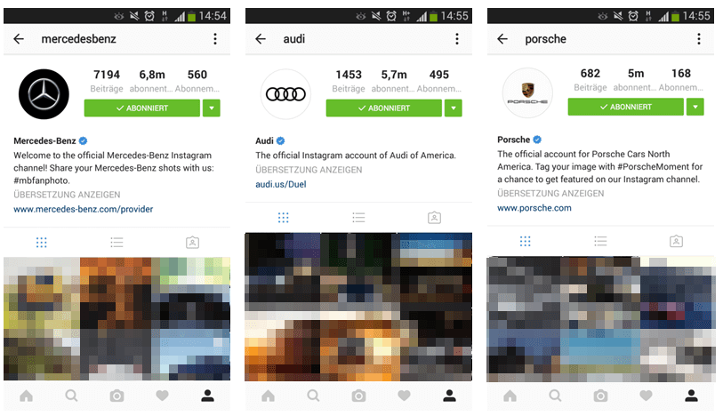 Offizieller Instagram-Account von Mercedes-Benz, Audi of America und Porsche Cars North America