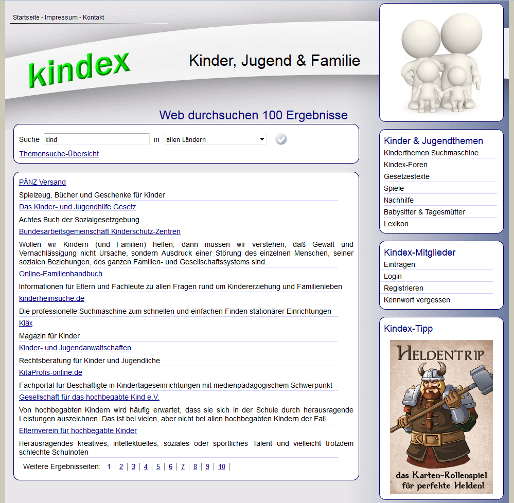 Anzeigen von Suchergebnissen in der Suchmaschine Kindex