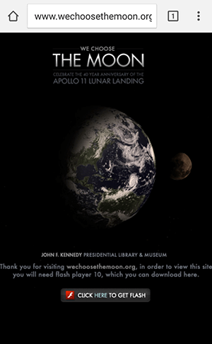 Mobil erstellter Screenshot einer flashbasierten Website zum Gedenken an die erste Mondlandung