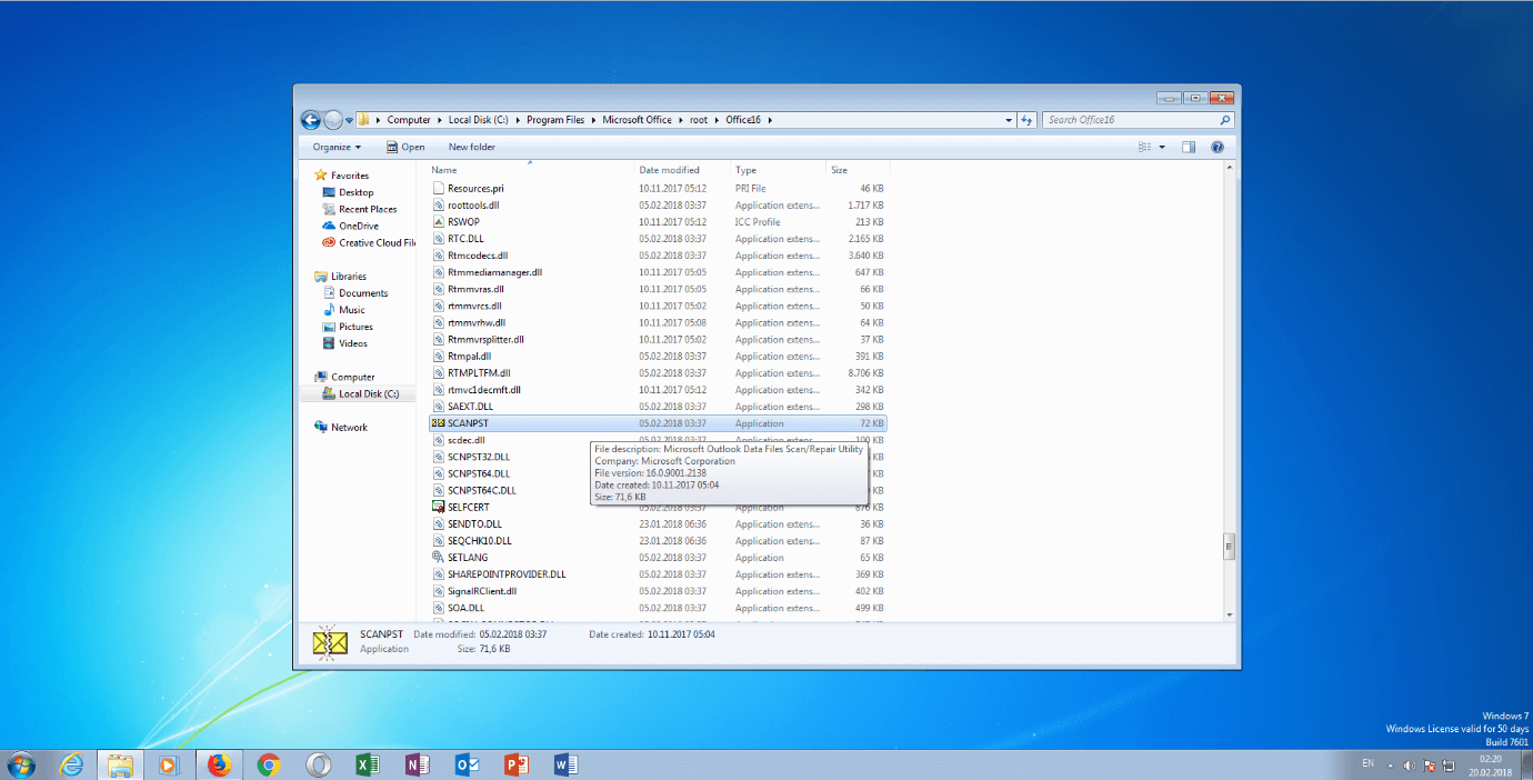Das Tool scanpst.exe in der Ordnerstruktur von Windows