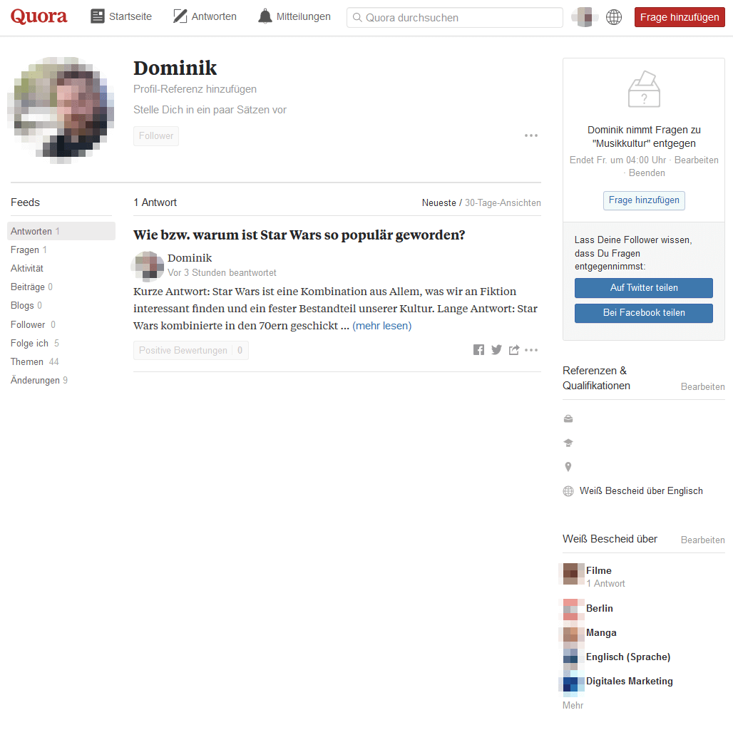Profil-Seite auf Quora