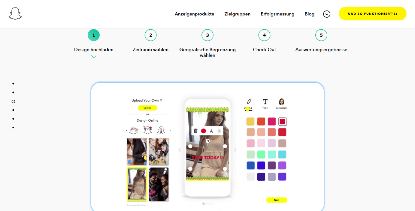 Die Snapchat-Website zeigt an einem Beispiel die Benutzeroberfläche ihres Bildbearbeitungsprogramms für Filter