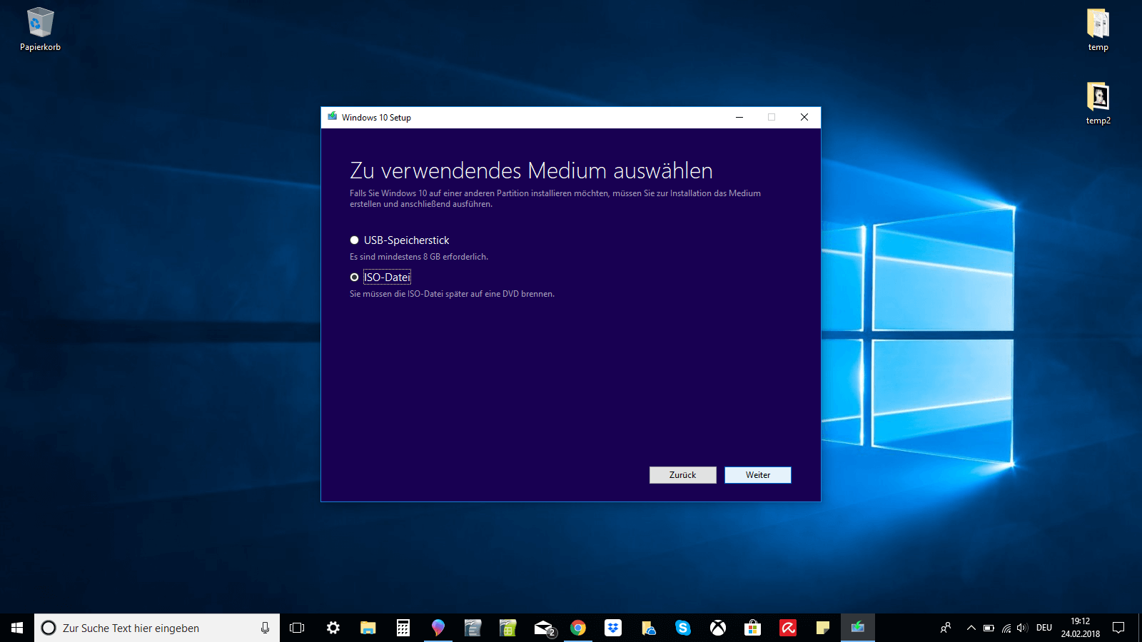 Windows-10-Setup-Fenster, um ein zu verwendendes Medium auszuwählen