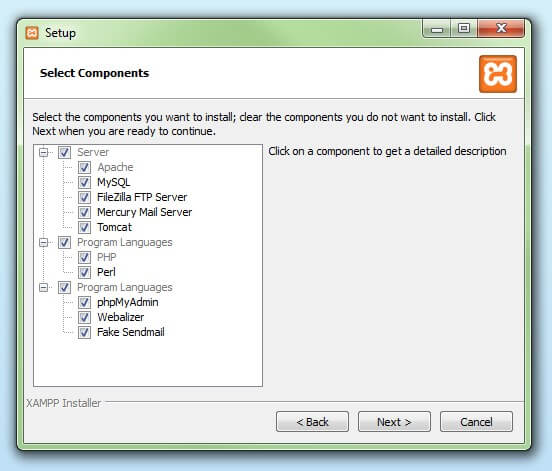 XAMPP Setup: Dialogfenster zur Auswahl der Software-Komponenten