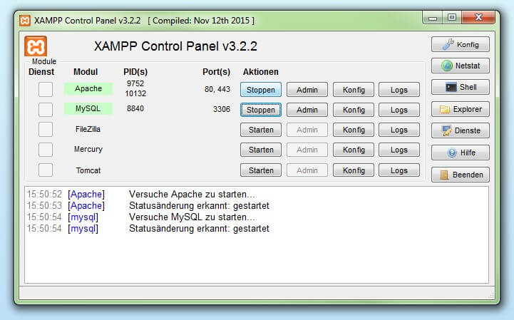 XAMPP: Aktive Module im XAMPP-Control-Panel