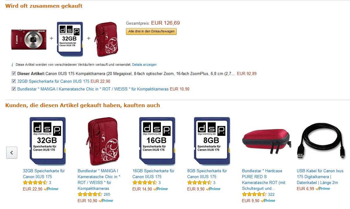 Screenshot einer Amazon-Produktseite mit unterschiedlichen Empfehlungen