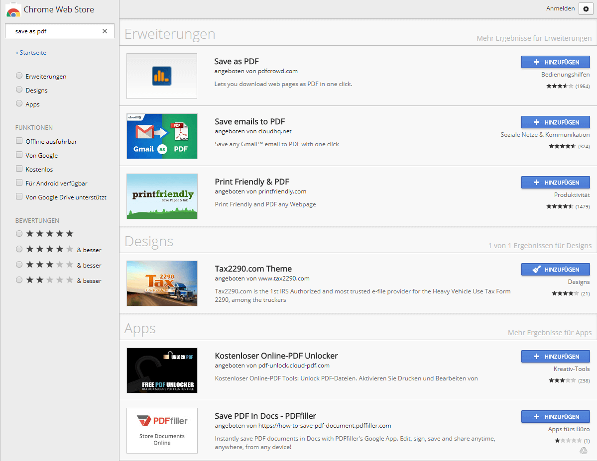 Ansicht des Google Chrome Web Stores