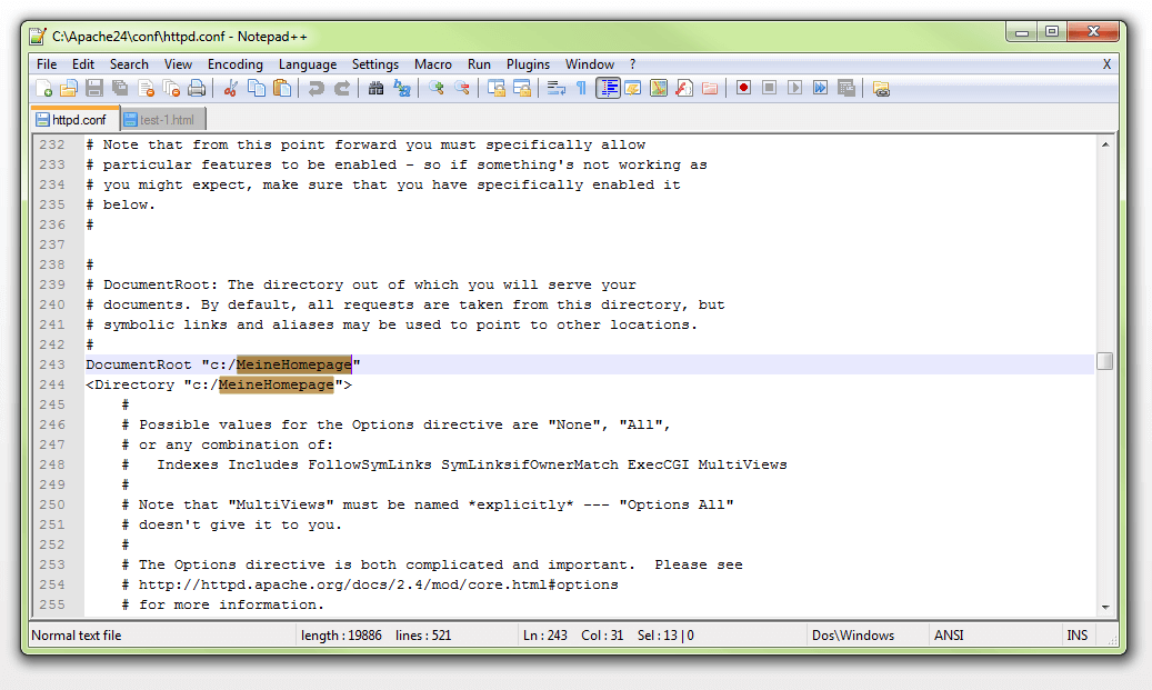 Anpassung der Angaben für „DocumentRoot“ und „Directory“ in der httpd.conf-Datei