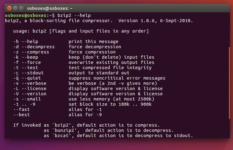 bzip2-Befehlsübersicht im Ubuntu-Terminal