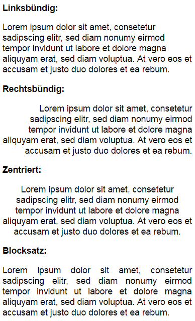 Beispieltext in verschiedenen Ausrichtungen: linksbündig, rechtsbündig, zentriert, Blocksatz