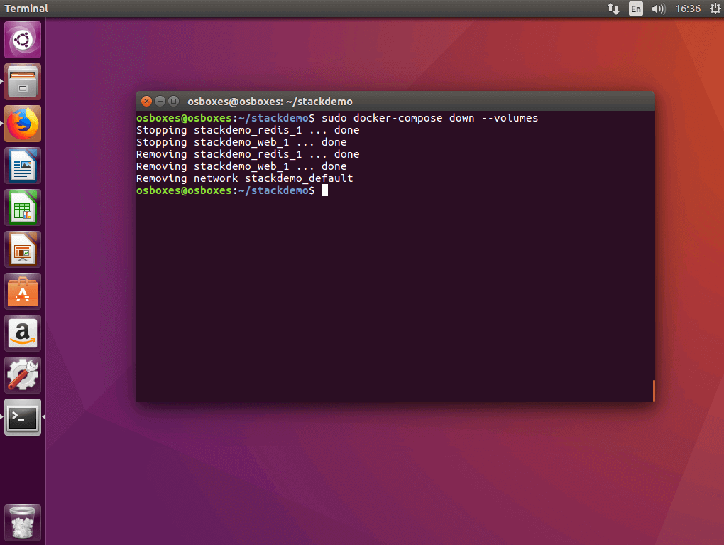 Der Befehl „docker-compose down“ im Ubuntu Terminal