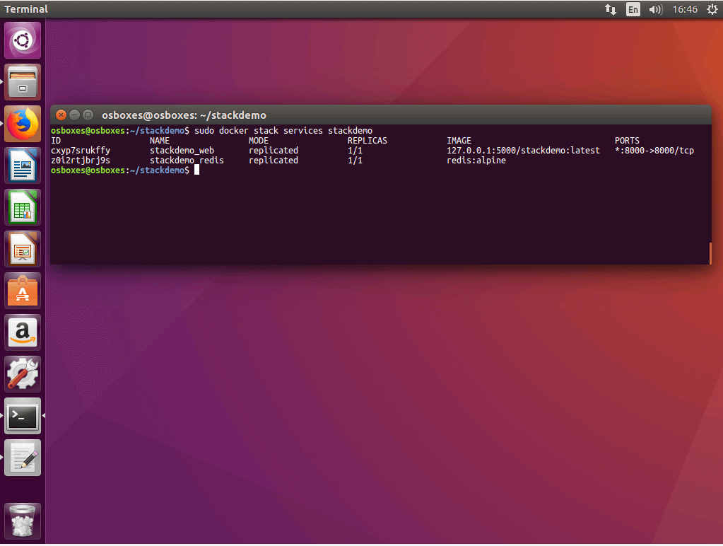 Der Befehl „docker stack services“ im Ubuntu Terminal