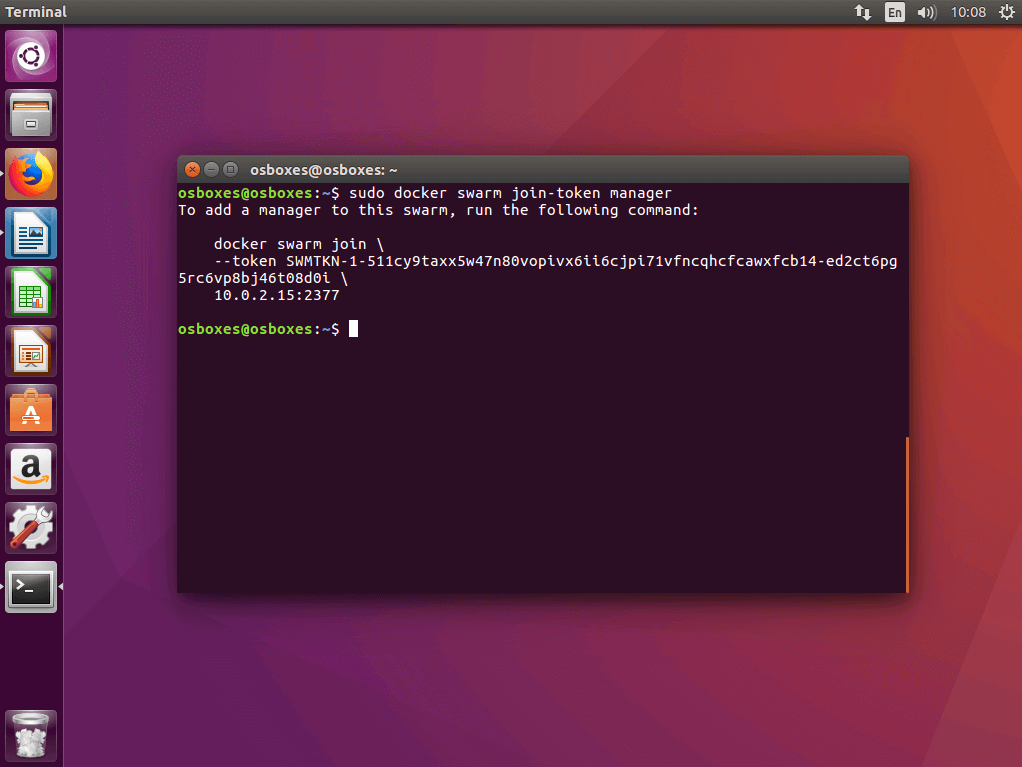 Der Befehl „docker swarm join-token manager“ im Ubuntu-Terminal