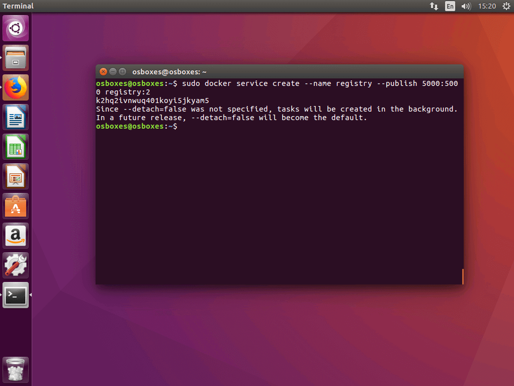 Der Befehl „docker service create“ im Ubuntu-Terminal