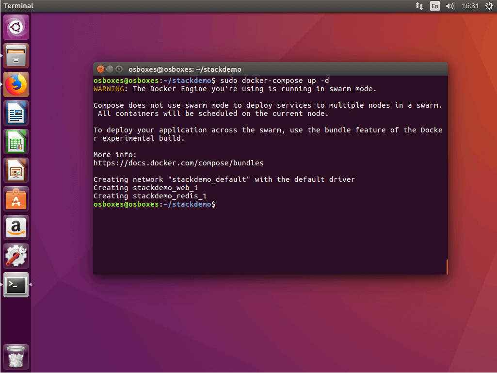 Der Befehl „docker-compose up“ im Ubuntu-Terminal