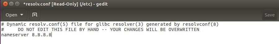 gedit mit geöffneter resolv.conf-Datei unter Ubuntu 16.04
