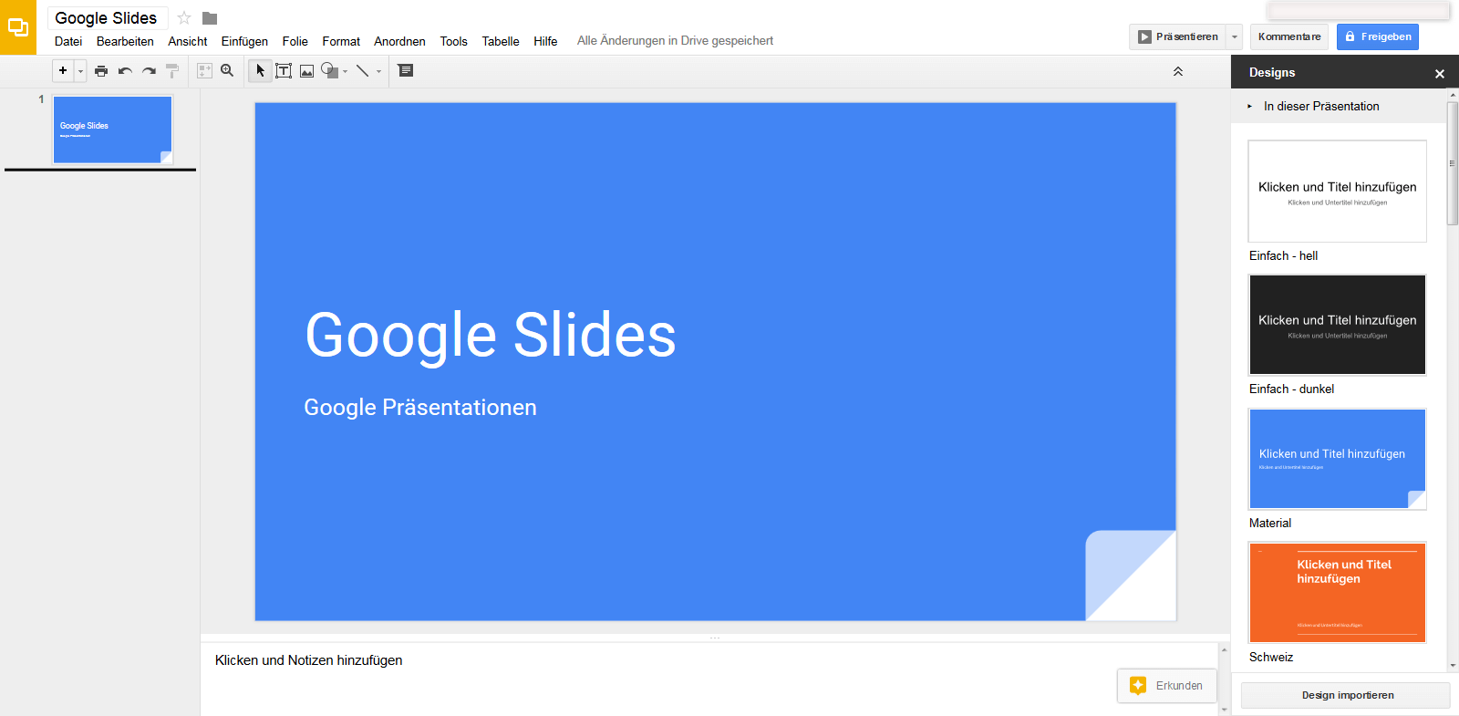 Benutzeroberflächen des Google-Online-Tools Google Präsentationen