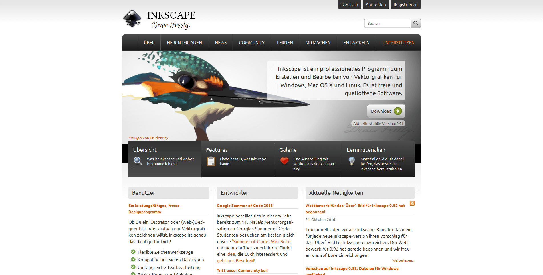 Deutschsprachige Homepage von Inkscape