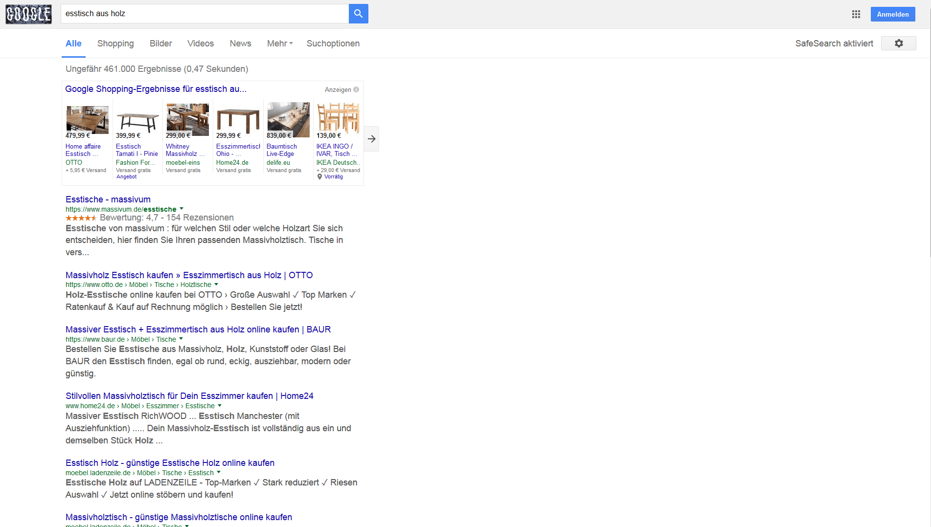 Google-Suche: „Esstisch aus Holz“