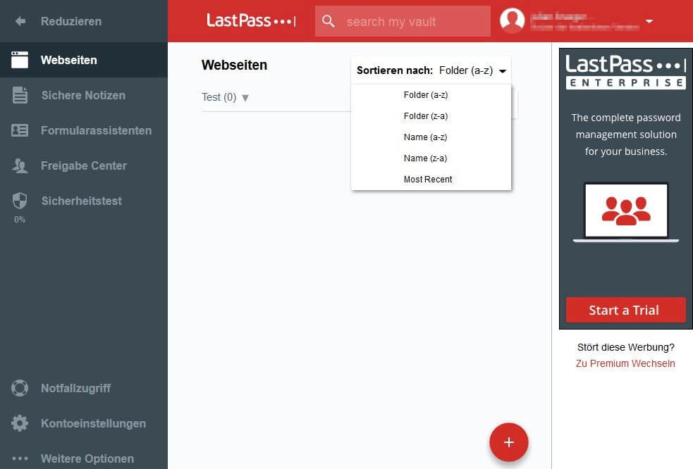 LastPass: Benutzeroberfläche der Webanwendung