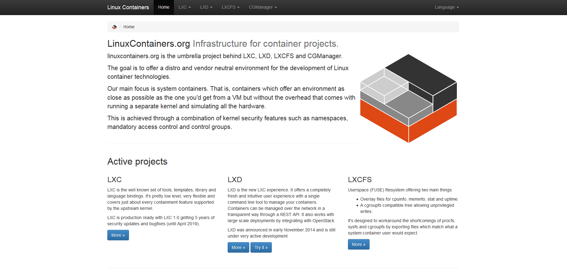 Startseite des Dachprojekts LinuxContainers.org