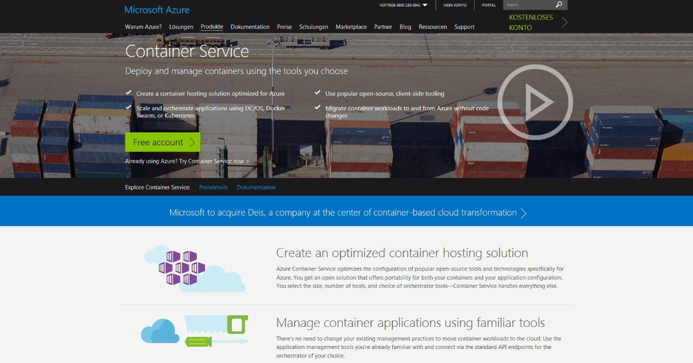 Produkt-Website des Microsoft Azure Container Service (ACS)