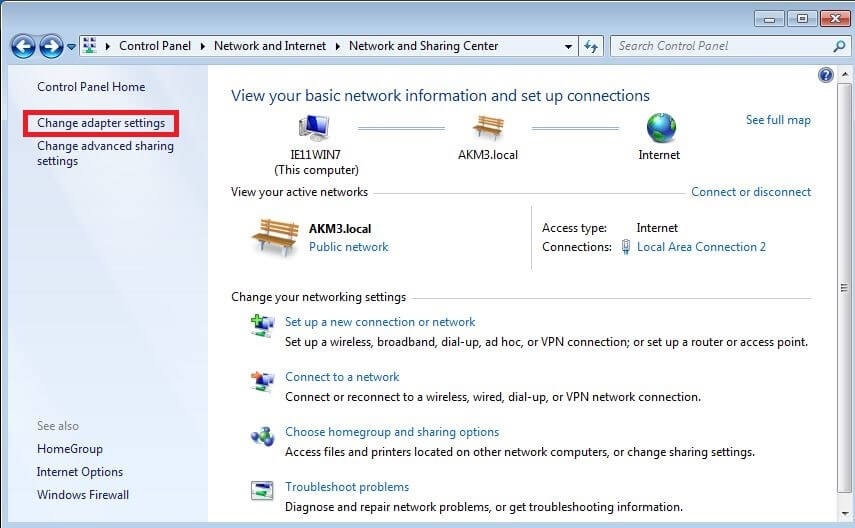Netzwerk- und Freigabecenter in der Windows-Systemsteuerung