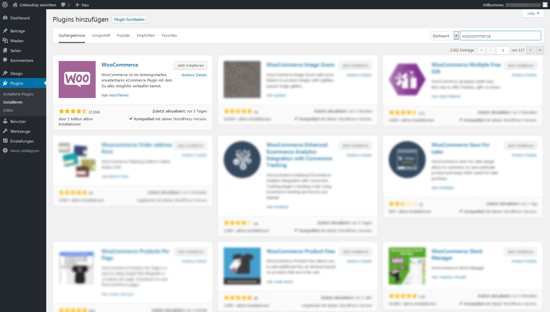 WooCommerce-Plugin in WordPress‘ Auswahlliste an verfügbaren Plugins