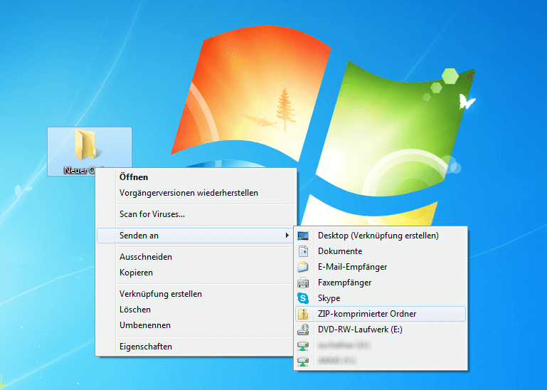 Screenshot von Windows-Desktop mit geöffnetem Kontextmenü unter dem Punkt „Senden an“