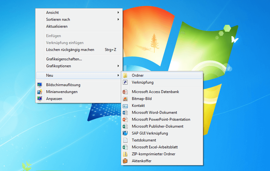 Screenshot vom Windows-Desktop mit geöffnetem Kontextmenü unter dem Punkt „Neu“