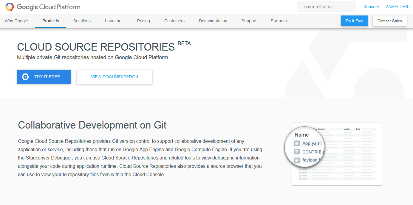 Startseite von Cloud Source Repositories