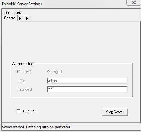 ThinVNC: Server-Konfigurationsmenü