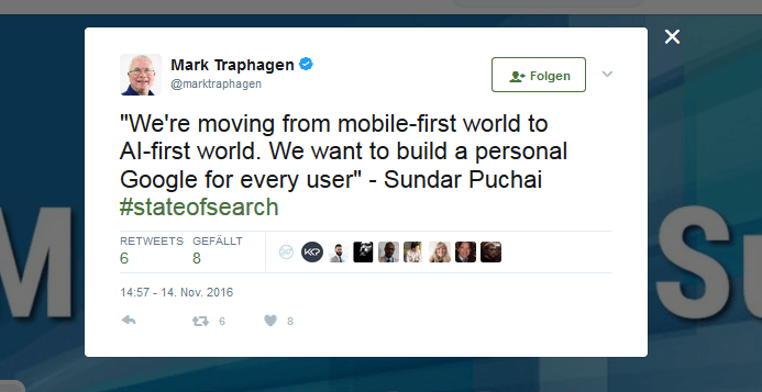 Screenshot eines Tweets von Mark Traphagen über Googles Einsatz von KI