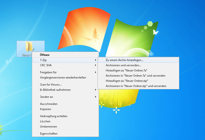 Windows-Desktop, auf dem ein Ordner per „7-Zip“ im Kontextmenü zu einem Archiv hinzugefügt wird