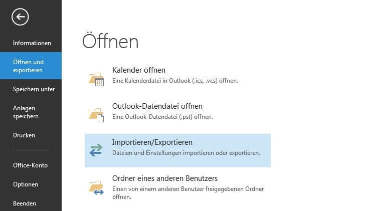 Outlook 2013: Öffnen und exportieren